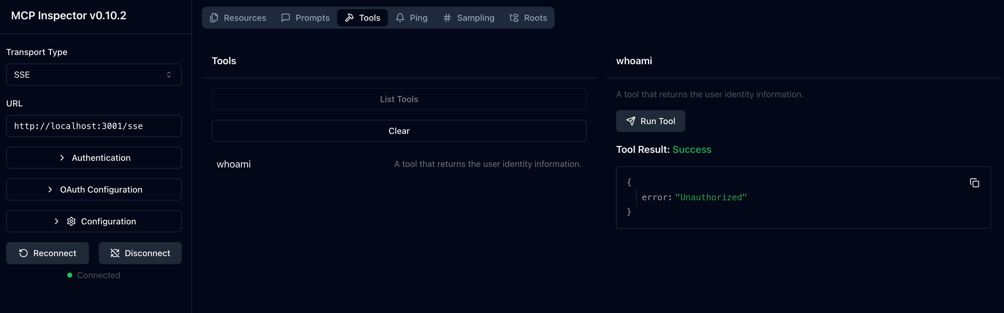 MCP Inspector erster Lauf